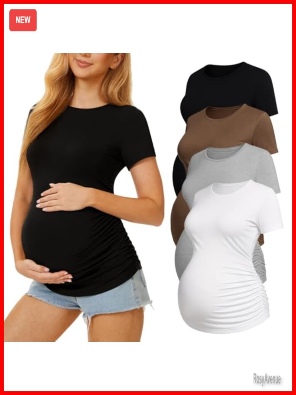 Maternity Shirts 4 Pack Crew Neck Short Sleeve Side Ruched Stretch Tops